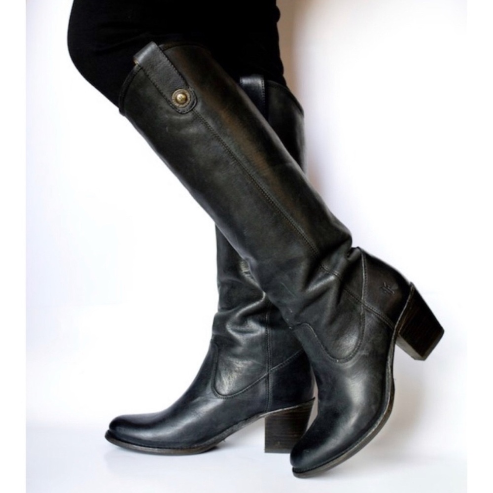 Frye Jackie Button Tall Black Leather Heeled Boot - Picture 2 of 7